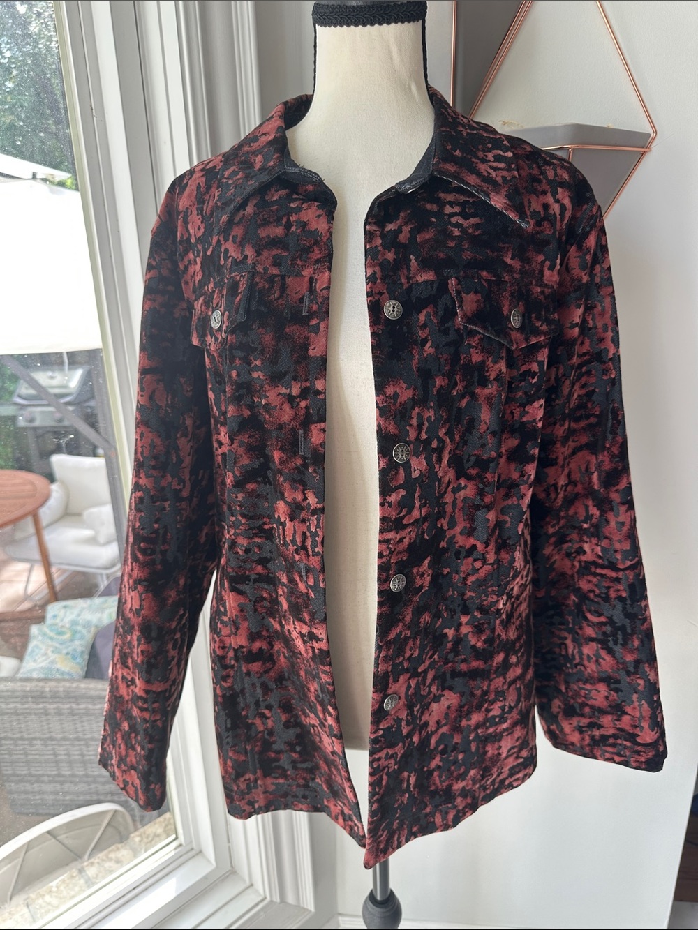 VINTAGE LANALEE Velvet Denim Jean Button-Front Jacket Black Burgundy Size 14